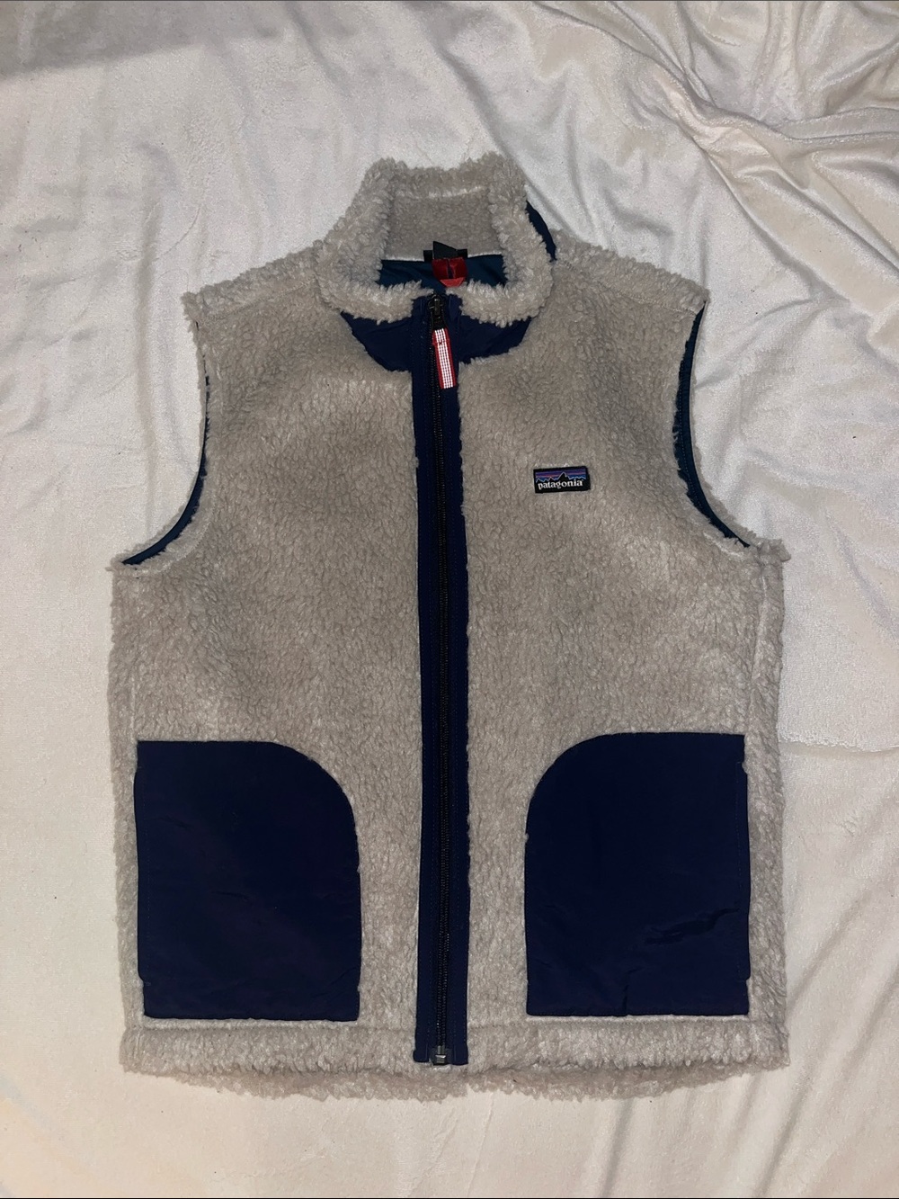 Patagonia Kids Cream Sherpa Vest with Navy Accents